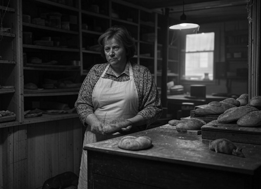 A black and white photograph of a woman holding a loaf of bread, in a filthy, dark bakery, with bread and rats on the counters