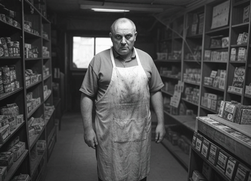 A black and white photograph of a threatening-looking man in an old-fashioned grocer's shop