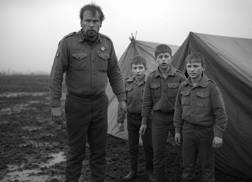 A black and white photograph of a threatening-looking man in scouting uniform, together with three boy scouts, next to a tent in a muddy field