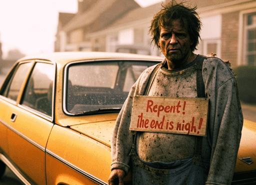 A photograph of a dirty man in ragged clothes, wearing a sandwich board that reads 'the end is nigh', standing in front of an Austin Allegro