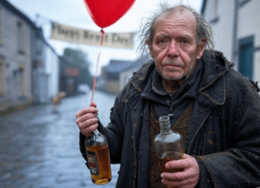 A photograph of a dirty man in ragged clothes, holding a red balloon and two bottles of whisky, standing in a rainy street with a dog in the background