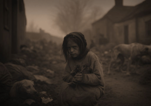 A black and white photograph of a young girl scavenging for scraps in a filth-strewn road, with emaciated dogs roaming the street