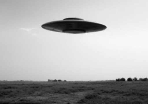 A black and white, blurry photograph of a saucer-shaped craft hovering above a marshy landscape