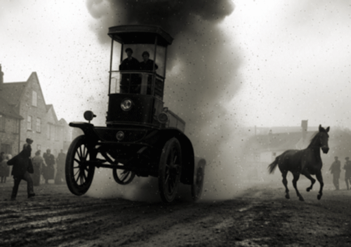 A black and white photograph of a steam-powered car exploding in a village street, with people looking on and a horse bolting