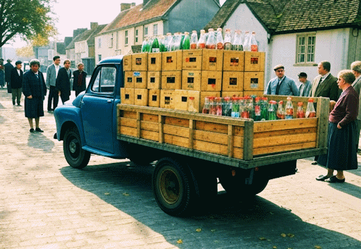 A photograph of a lorry delivering soft drinks, taken during the 1960s