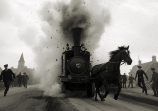 A black and white photograph of a steam-powered car spouting out smoke and steam in a village street, with people looking on and a horse bolting