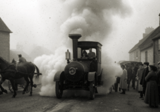 A black and white photograph of a steam-powered car spouting out smoke and steam in a village street, with people looking on and a horse bolting