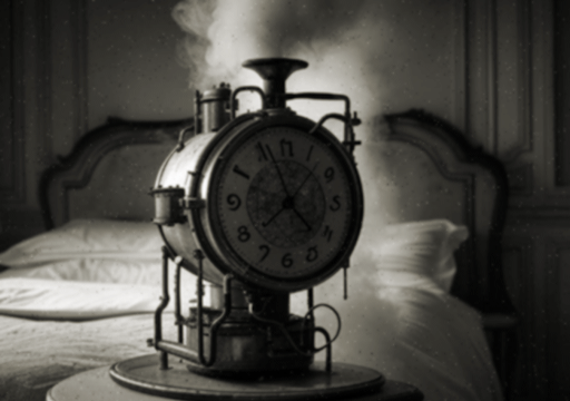 A black and white photograph of a steam-powered alarm clock in a grand bedroom