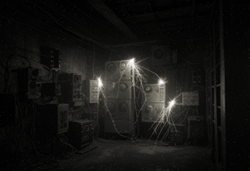 A black and white photograph of dangerous-looking electrical equipment sparking in a dark and dusty cellar