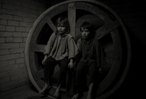 A black and white photograph of two ragged children leaning against a wooden treadmill in a dark and dusty cellar