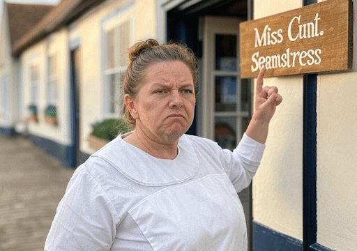 A displeased woman, standing outside a shop and pointing at the shop sign, which reads 'Miss Cunt. Seamstress'