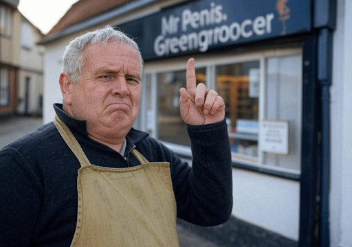 A displeased man in an apron, standing outside a shop and pointing at the shop sign, which reads 'Mr Penis. Greengrocer'