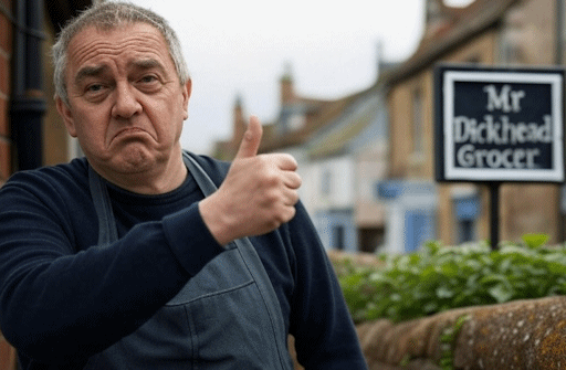 A displeased man in an apron, standing outside a shop and pointing at the shop sign, which reads 'Mr Dickhead Grocer'