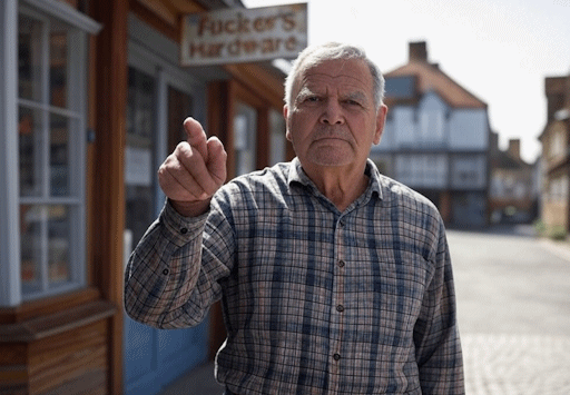 A displeased man, standing outside a shop and pointing at the shop sign, which reads 'Fucker's Hardware'