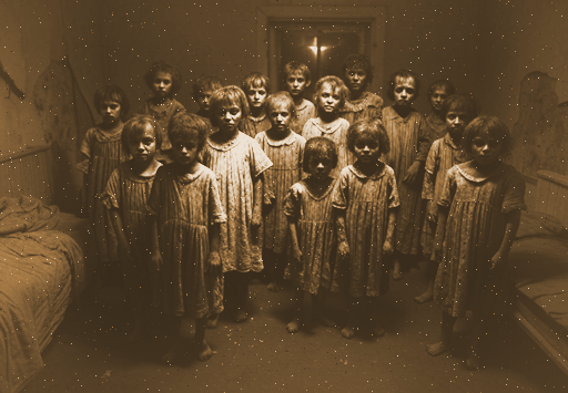 A black and white photograph of poor orphans in rags, in a dilapidated dormitory