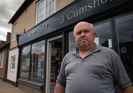 A displeased man, standing outside a shop and pointing at the shop sign, which reads 'J Cumshot Jewellery'