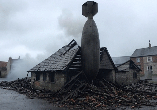 A destroyed scout hut with a huge bomb sticking out of the roof