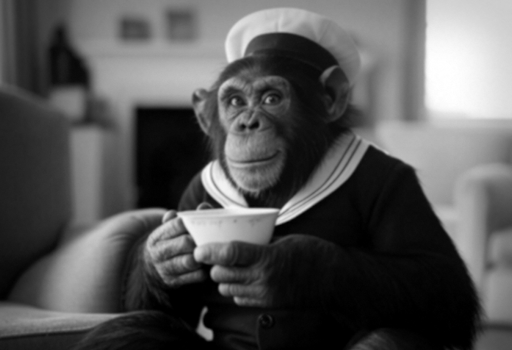 A black and white photograph of a chimpanzee dressed in a sailor suit drinking tea out of a china cup