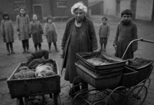 A black and white photograph of a woman and a group of children standing next to a pram and a cart full of dead dogs