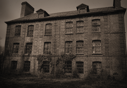 A black and white photograph of a grim and forbidding looking building, with bars at the windows