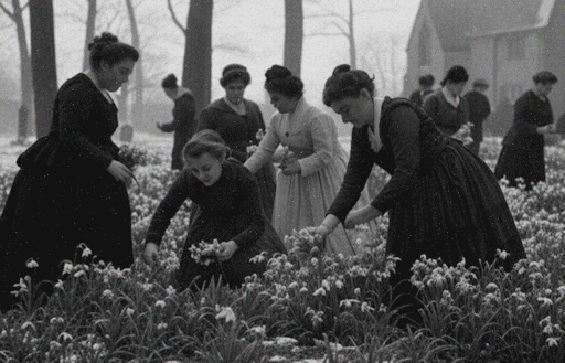 A black and white photograph of women collecting snowdrops from a churchyard in the 1920s