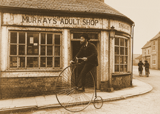 A black and white photograph of a man on a penny-farthing cycling past a shop called Murray's Adult Shop