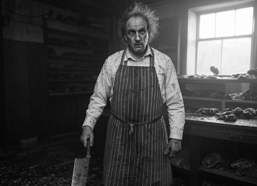 A black and white photograph of a crazed-looking man with wild hair, wearing a blood-stained butcher's apron and holding a meat cleaver, in a filthy, dark room, with meat and rats on the counters