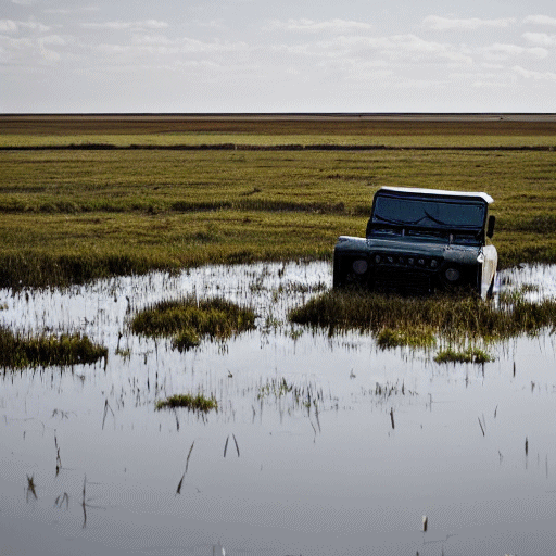 A Land Rover sinking into a marsh in a flat landscape