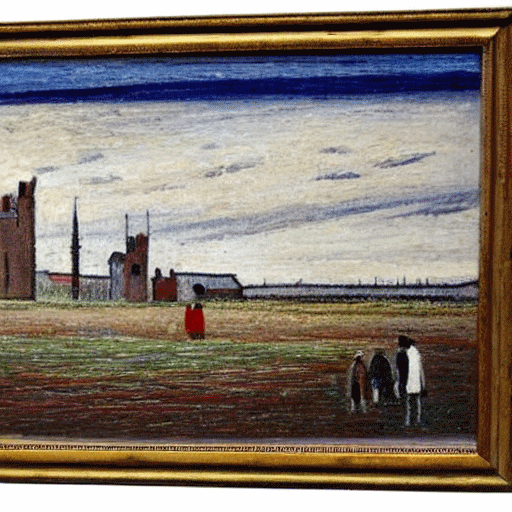 A modernist painting of a fenland landscape with farmworkers and a village in the background