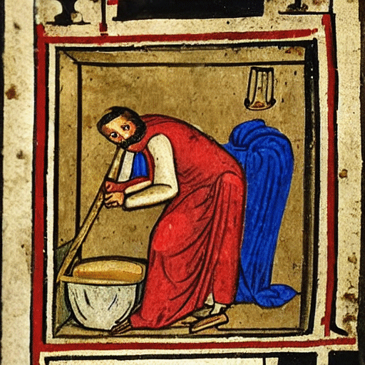 A medieval image of a man cleaning a toilet