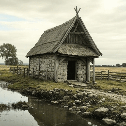 A simple stone-built church with a high-pitched, thatched roof