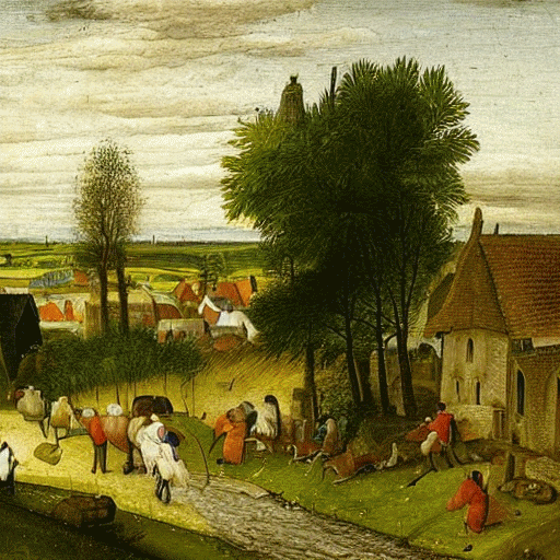 A medieval painting of people in a fenland village