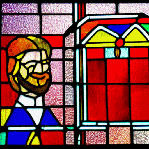 Stained glass depicting the Great Prophet Noel holding the holy winning red box