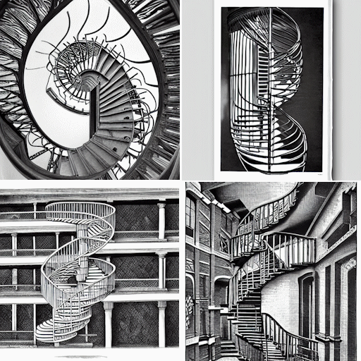 Four artworks depicting fantastical spiral staircases