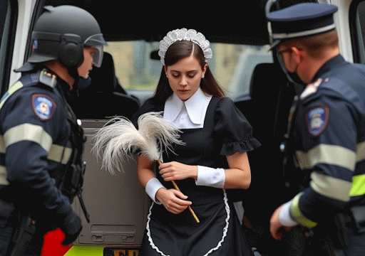 A French maid holding a feather duster being bundled into the back of a police van