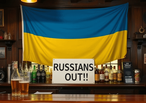 A Ukrainian flag and a sign reading 'Russians Out', behind the bar of a public house
