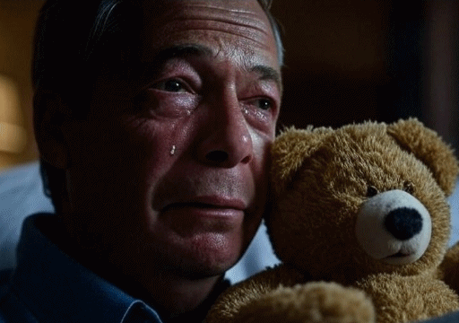 Nigel Fromage crying while clutching a teddy bear