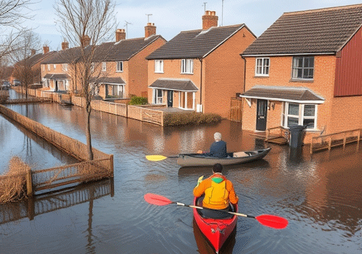 People canoeing around a flooded housing development