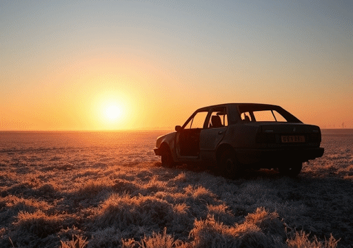 The sun rising over a cold, frosty fenland landscape, with a wrecked car in the foreground