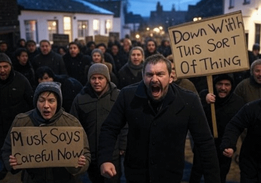 A mob of angry protesters holding home-made placards, in a village street