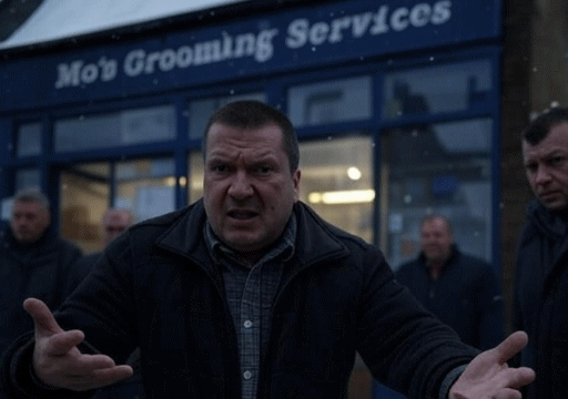 A group of angry men standing outside a shop called Mo's Grooming Services