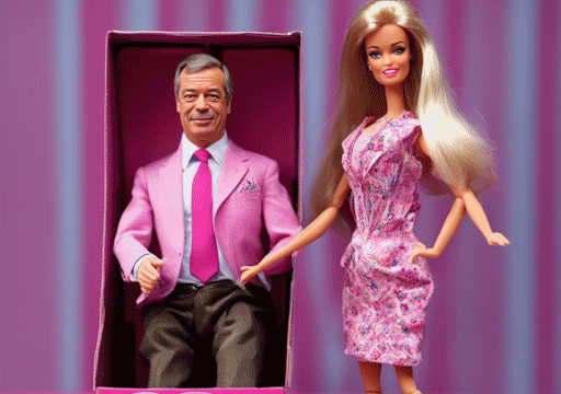 A Nigel Fromage action figure in a pink box, next to a Barbie doll