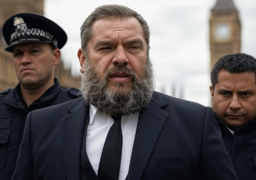A burly man with a full beard being escorted by two policemen