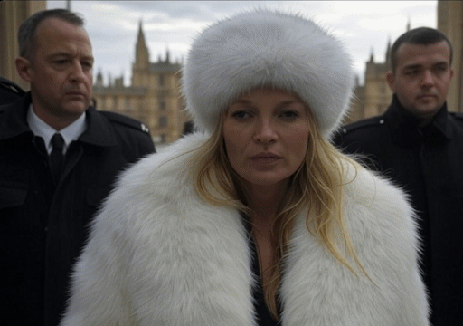 A woman in a white fur coat and hat being escorted by two policemen