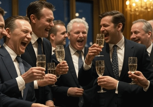 A group of mature white men in suits laughing while drinking champagne in a London club