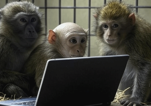 Three monkeys and a laptop computer in a small cage