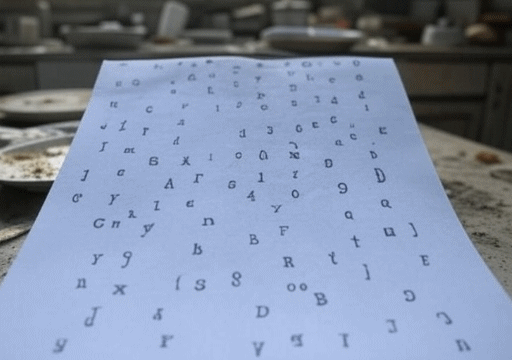 Randomly typed characters on a sheet of paper, in a filthy kitchen