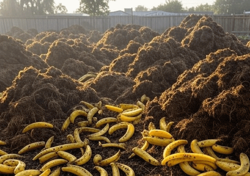 Heaps of animal excrement and banana skins in a back yard