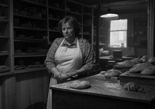 A black and white photograph of a woman holding a loaf of bread, in a filthy, dark bakery, with bread and rats on the counters