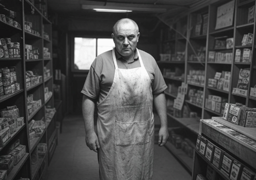 A black and white photograph of a threatening-looking man in an old-fashioned grocer's shop